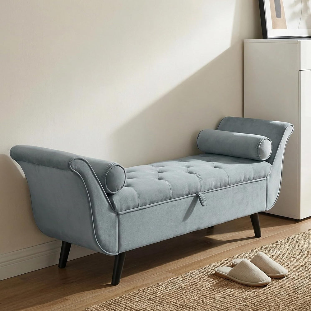 65" Velvet Storage Bench, 65" Vintage Upholstered Rolled Armed Butt...