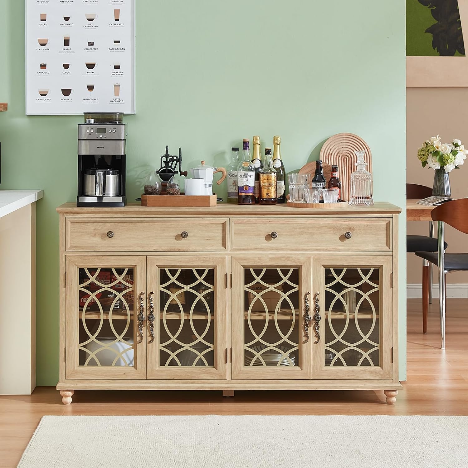 Joaxswe Farmhouse Sideboard Buffet Cabinet with Storage,59" Large Credenza with 4 Glass Doors & 2 Drawers,Adjustable Shelves Console Table,Wood Kitchen Coffee Bar for Dining Room,Living Room,Natural