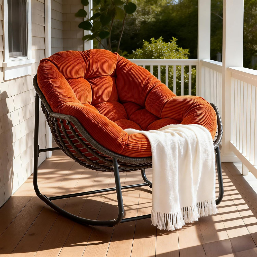 Oversized Outdoor Papasan Rocking Chair with Soft Cushion, Comfy Patio Egg Ch...