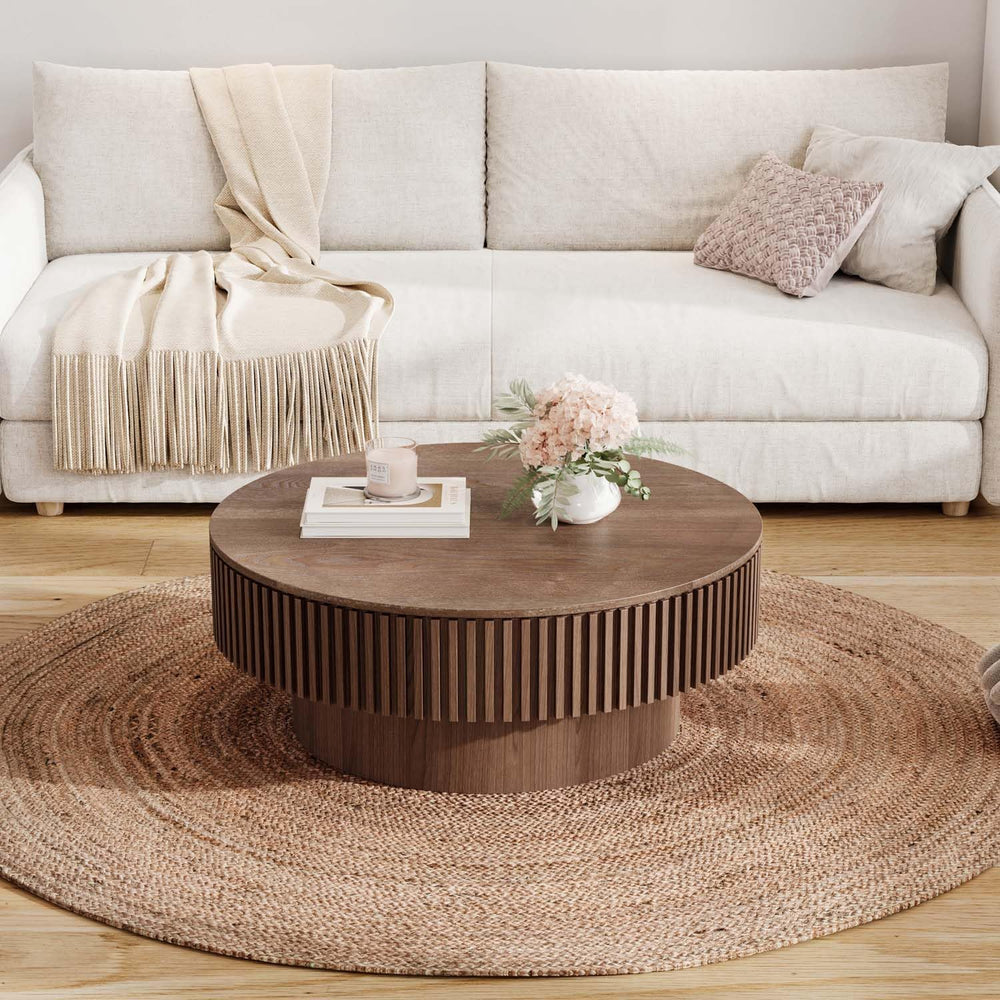 Round Coffee Table with Storage, Modern Wooden Coffee Table