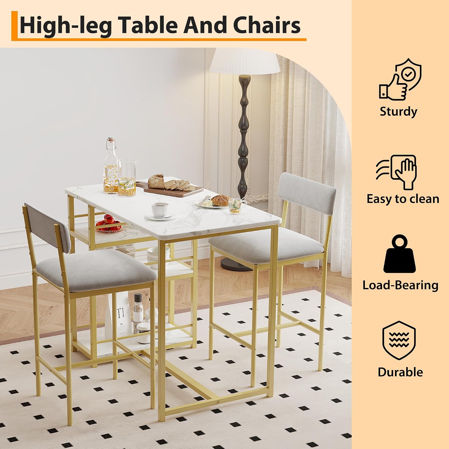 Dining Table Set for 2, Counter Height Kitchen Table and Chairs, Bar Table Set with 2 Upholstered Bar Stools, 3 Piece Dining Room Table Set for Small Space, Apartment, Gold