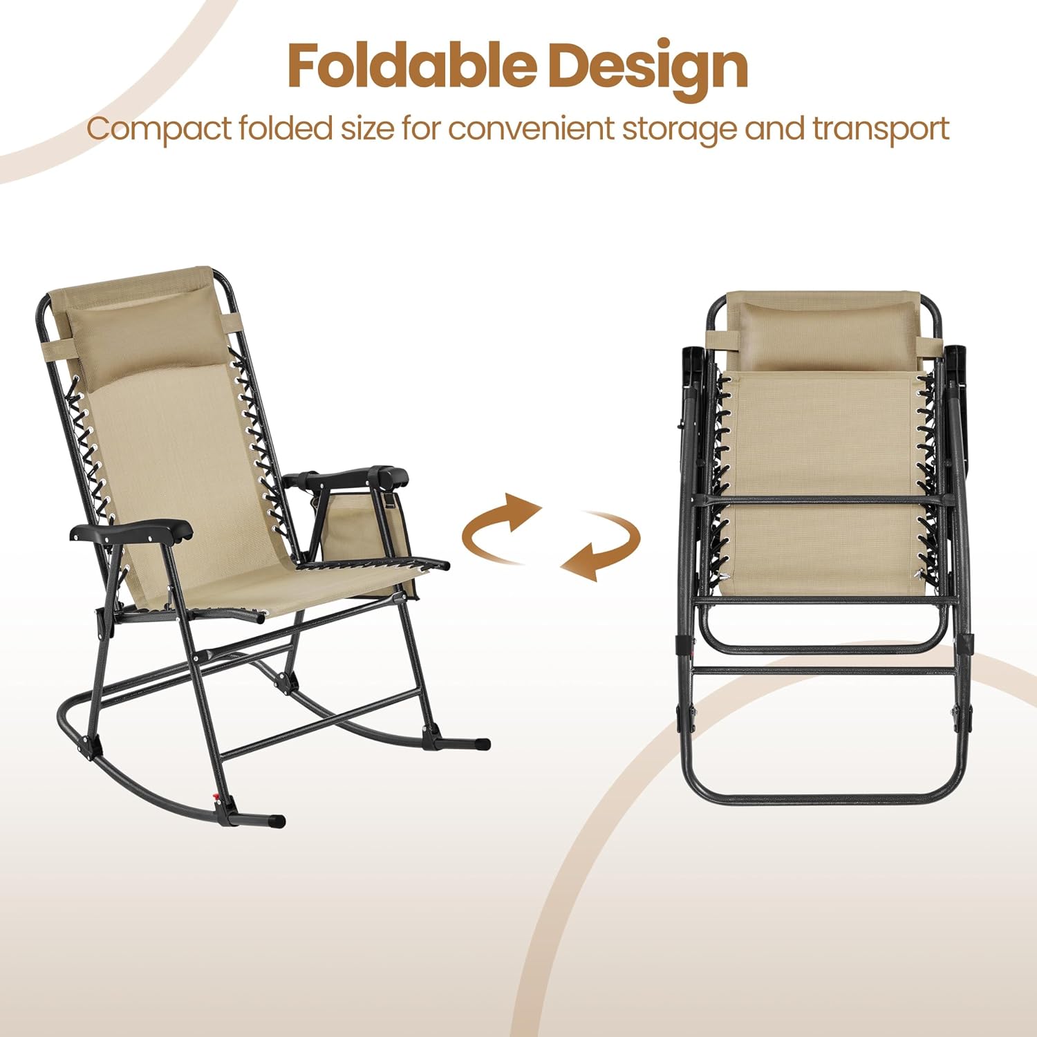 Yaheetech 26in Rocking Chair Outdoor Zero Gravity Folding Chairs Rocking Chairs Foldable Outdoor Reclining Lounge Chair for Outside Lawn with Cupholder/Pillow Ergonomic Design for Rest, Beige