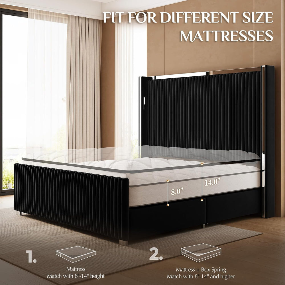 Belffin Queen Size Bed Frame with 59'' Tall Headboard, Velvet Bed, Black