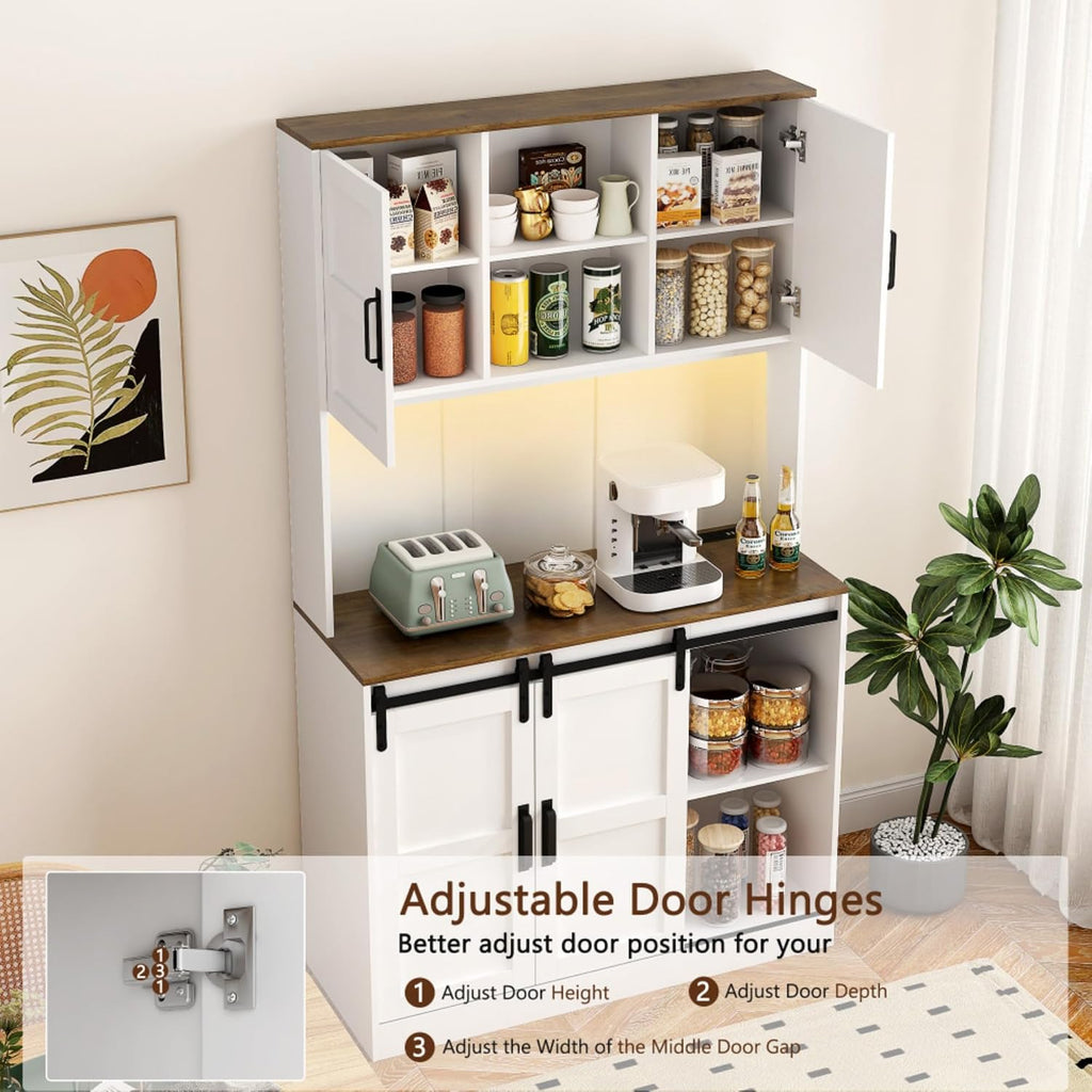 74 Inch Tall Freestanding Pantry Storage Cabinet Cupboard Unit, Six Doors, Dual Drawers, Triple Shelves, Integrated Power Outlets USB Charging, Versatile Wardrobe Hutch Organizer Furniture (White B)
