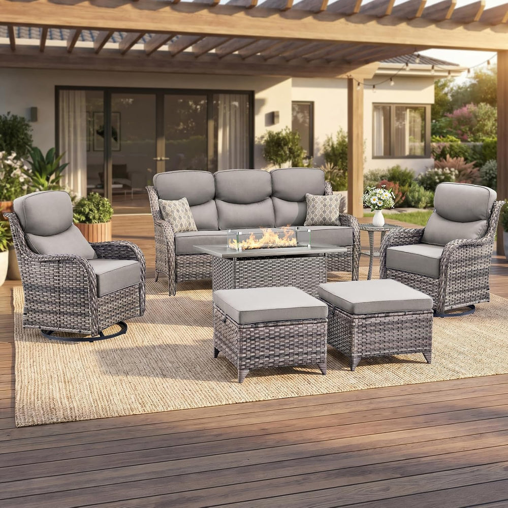 Luxury Swivel Rocker Chairs Fire Pit Set with 6" Thick Cushion 7 piece W...