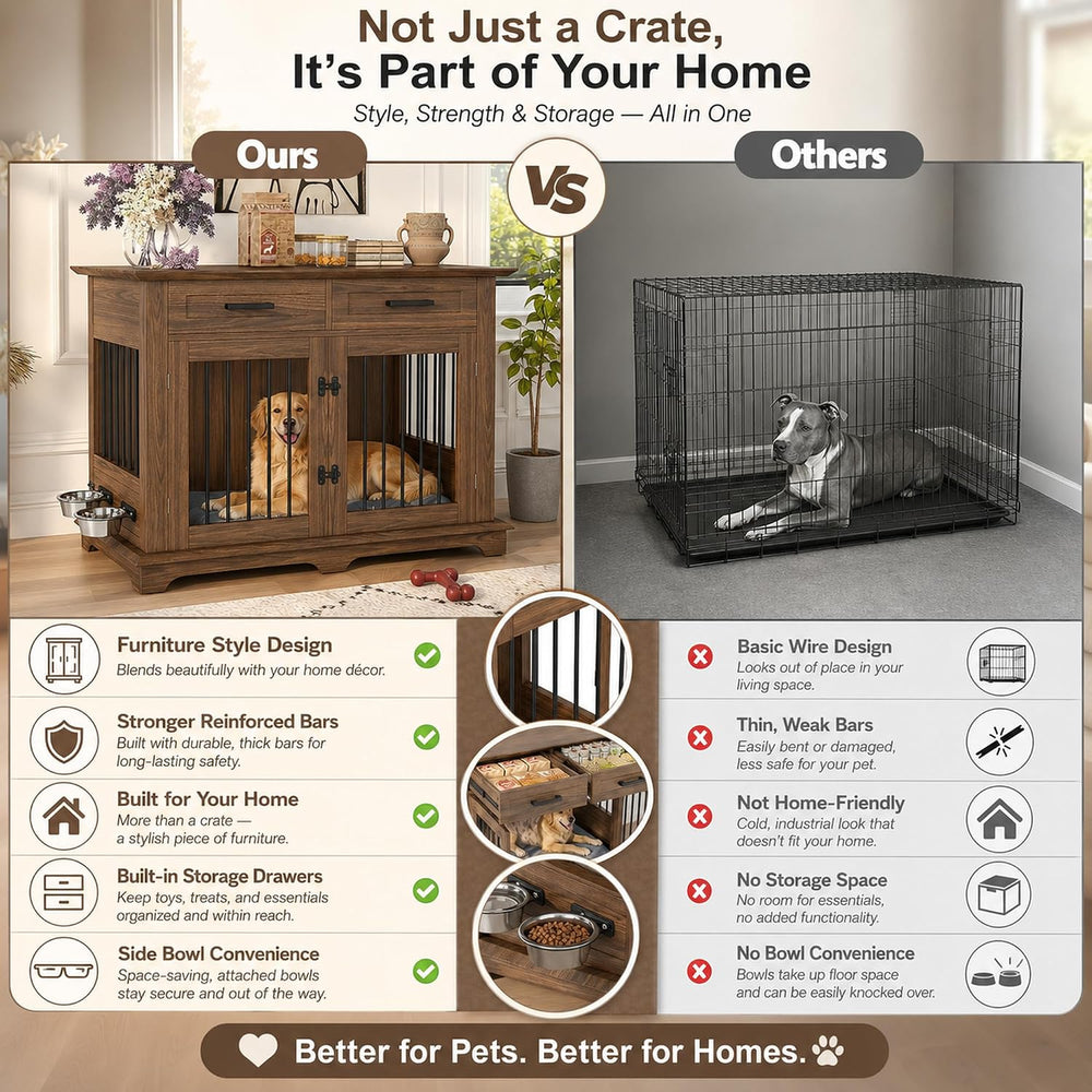 44.48" Large Dog Crate Furniture End Table (Brown) | 2 Storage Drawers, ...