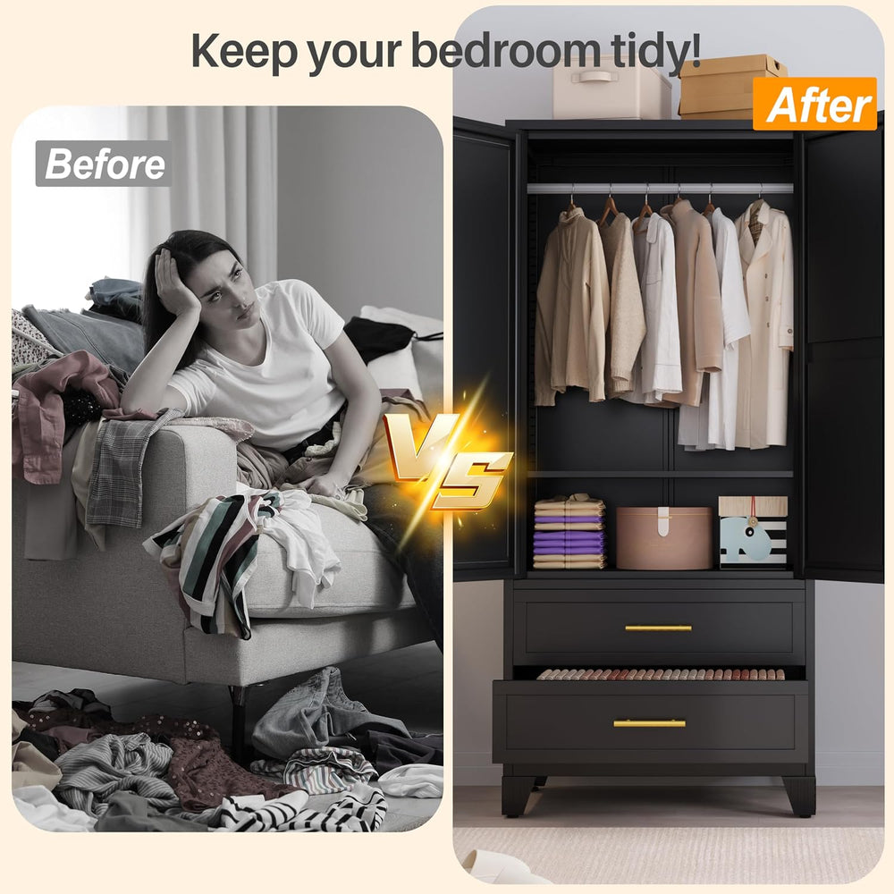 RIETERN Metal Armoire Wardrobe Closet, 71" Tall Bedroom Closet with Mirr...