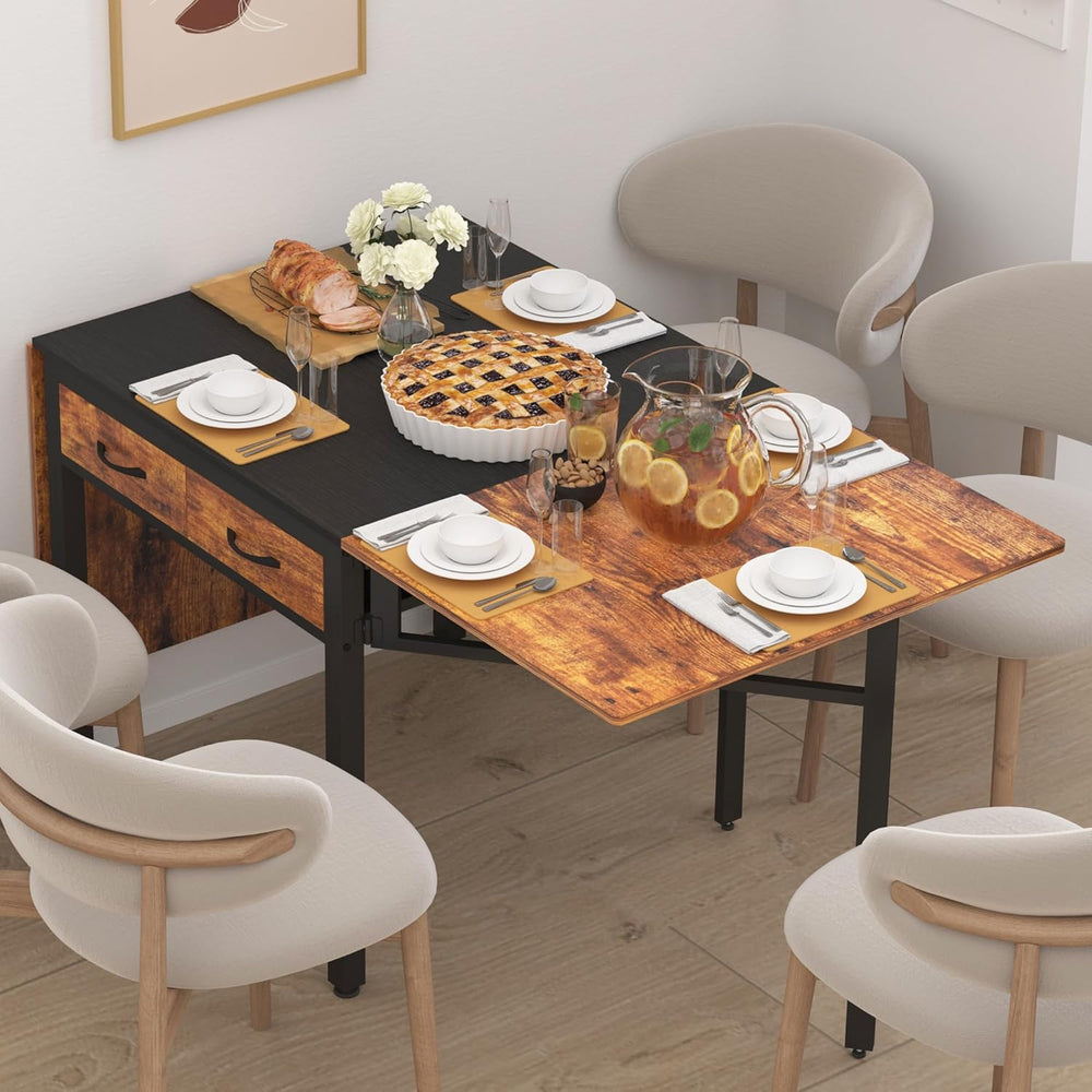 Folding Dining Table,Dining Room Table with Drawers,Industrial Extendable Tab...