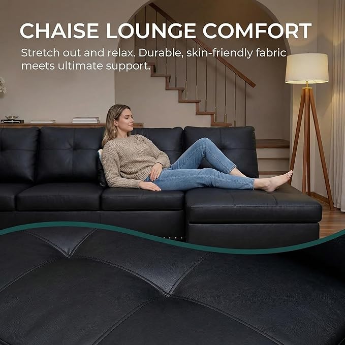 Sectional Couches for Living Room with Movable Chaise & Storage Ottoman - 97.5" Leather L Shaped Couches for Living Room Apartment, Home Modular Sectional Sofas with Cup Holder, Black