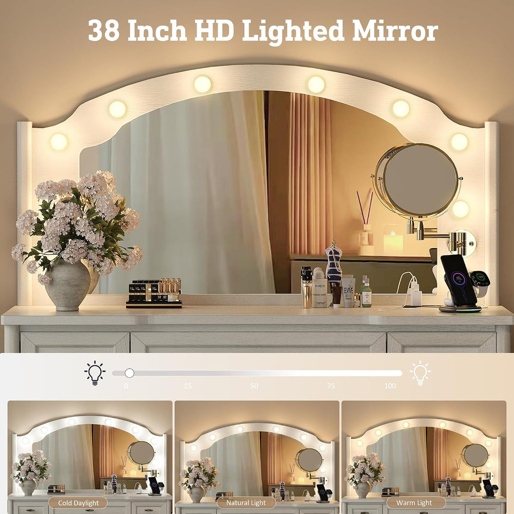STO'SENSE Vanity Desk with Mirror and Lights, Makeup Vanity Table with 9 ...