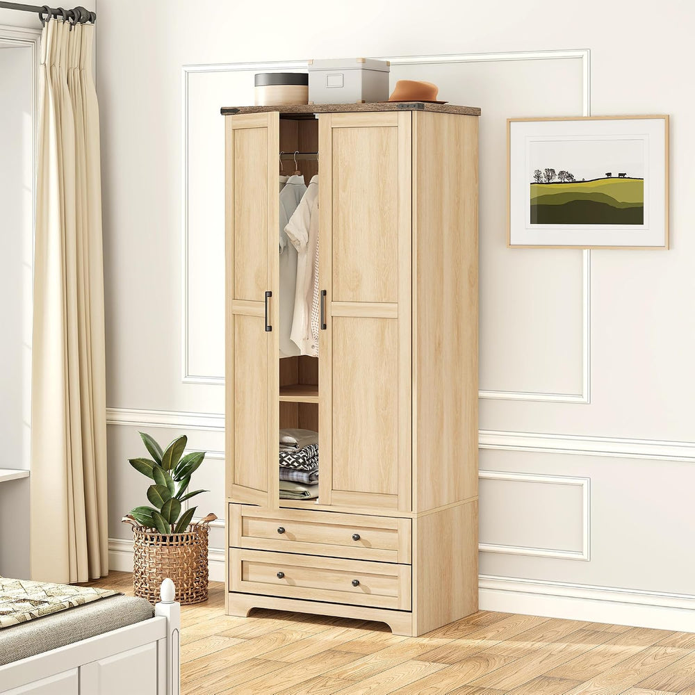 Brafab 2 Doors Wooden Armoire Wardrobe Closet with 2 Drawers, Natural | 2 Mod...