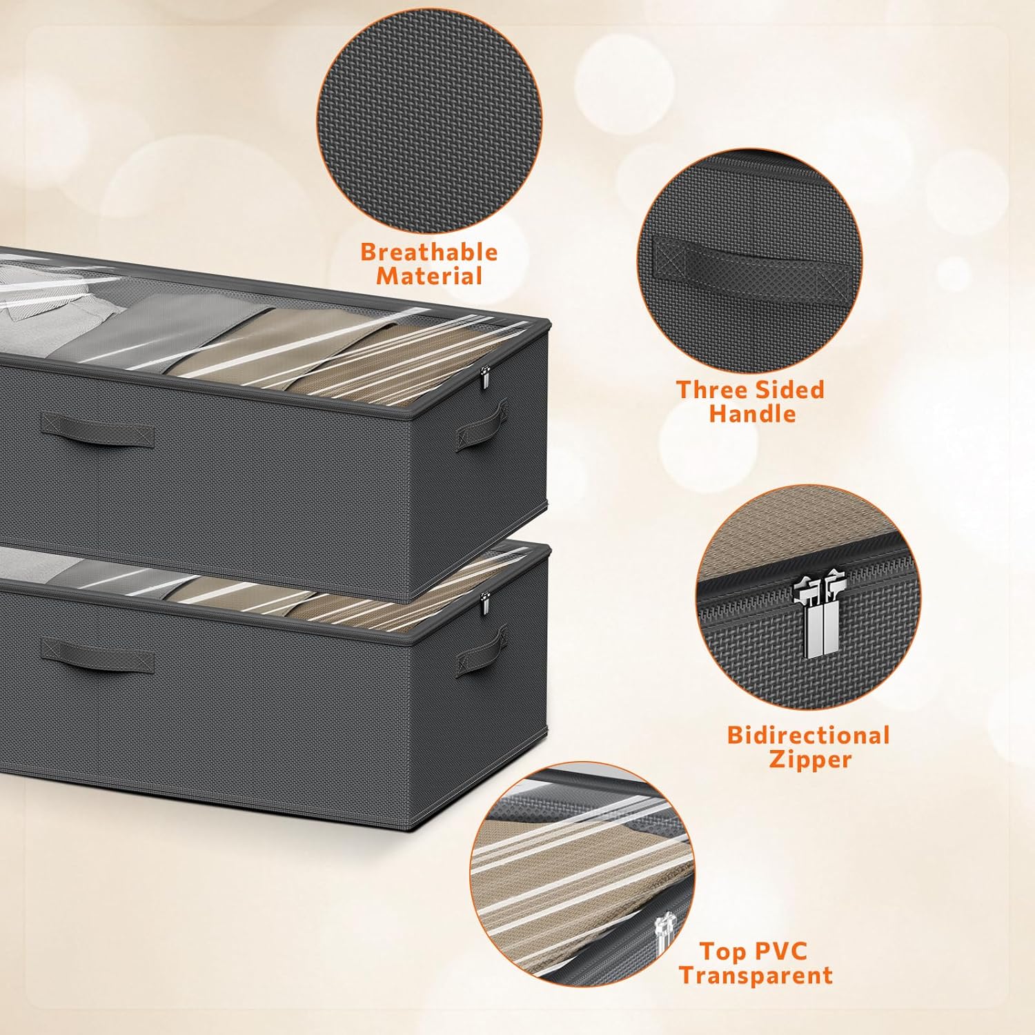 2 Pack Under Bed Storage Containers, 10 Inch Tall Underbed Clothes Storage Organizer Bin with Clear Window，Foldable Box Basket for Clothes, Closet, Bed Sheets and Blankets Black