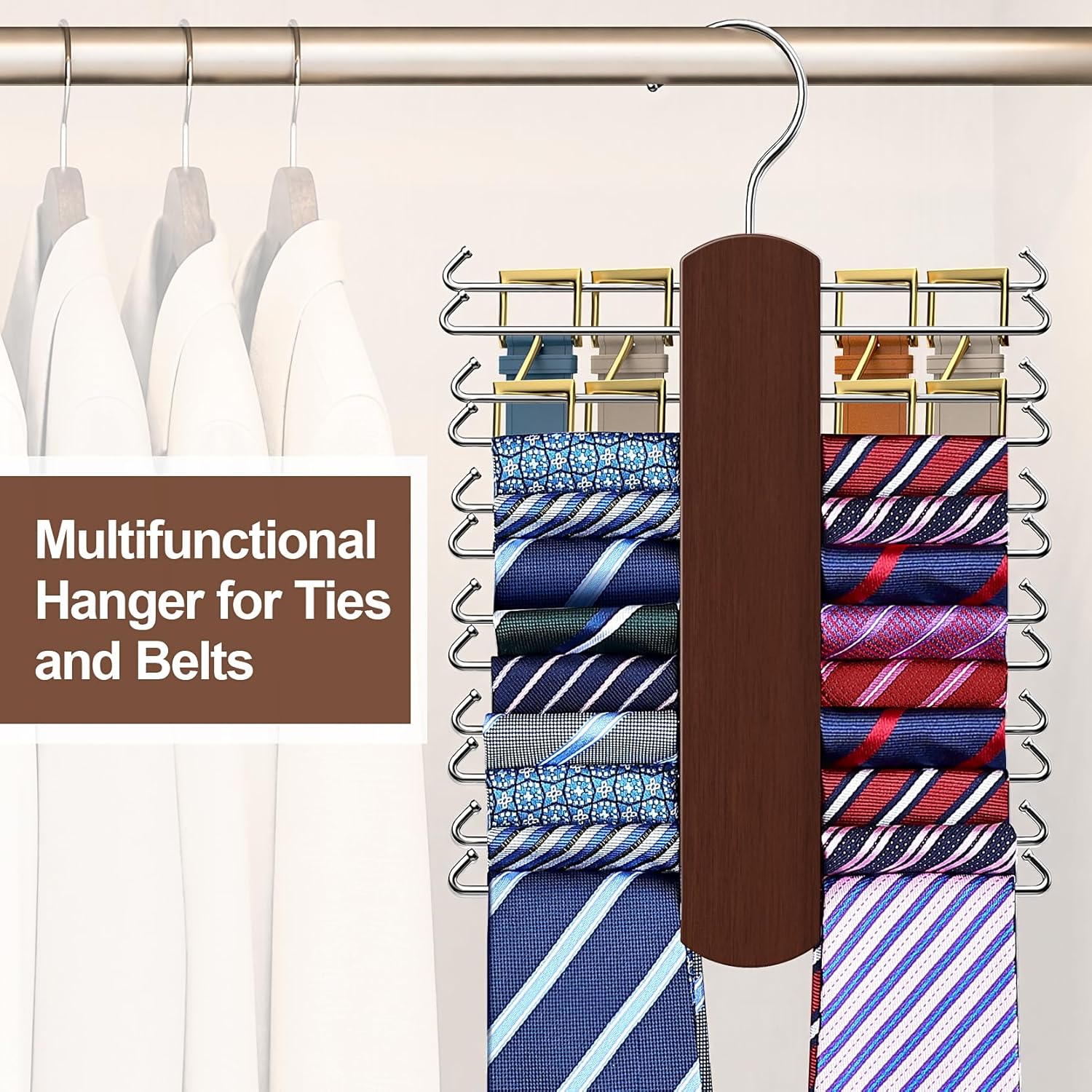 Tie Rack with 48 Hooks, Large Capacity Tie Hanger for Closet Organizers and Storage,Space Saving Wooden Necktie Hanger Ties Organizer for Men - 2 Pack