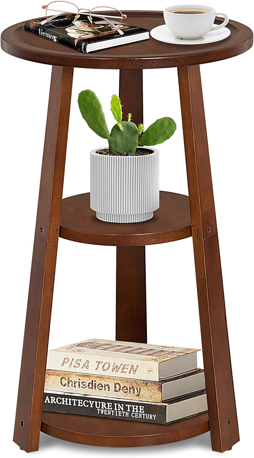 3-Tier Round Side Table, Solid Wood End Table & Nightstand for Small Spac...