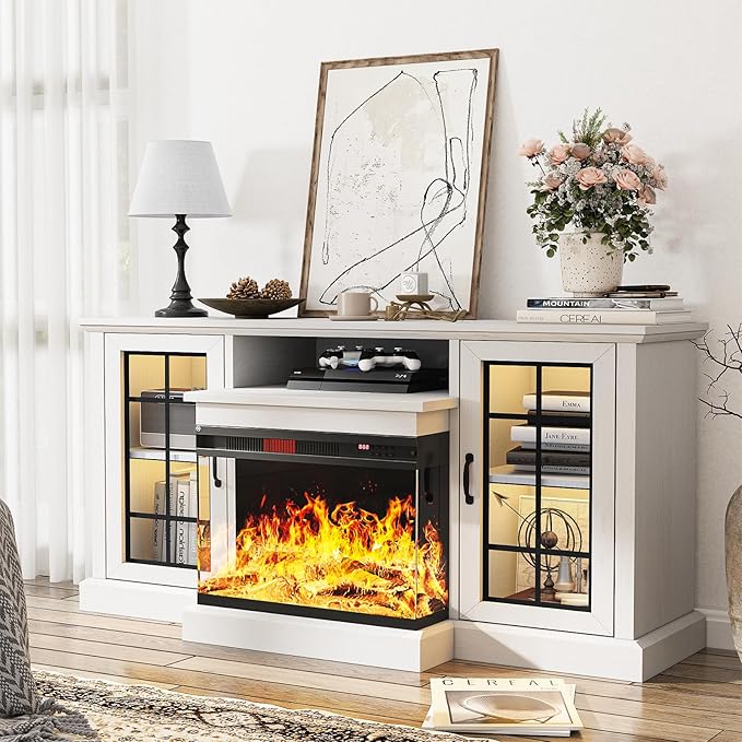 oneinmil 59'' Fireplace TV Stand, 3 Sided Glass Media Entertainment Center Console Table for TVs up to 65'' with Glass Door Adjustable Flame LED Color for Living Room, Set of TV Table, White
