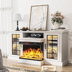 oneinmil 59'' Fireplace TV Stand, 3 Sided Glass Media Entertainment Center Console Table for TVs up to 65'' with Glass Door Adjustable Flame LED Color for Living Room, Set of TV Table, White