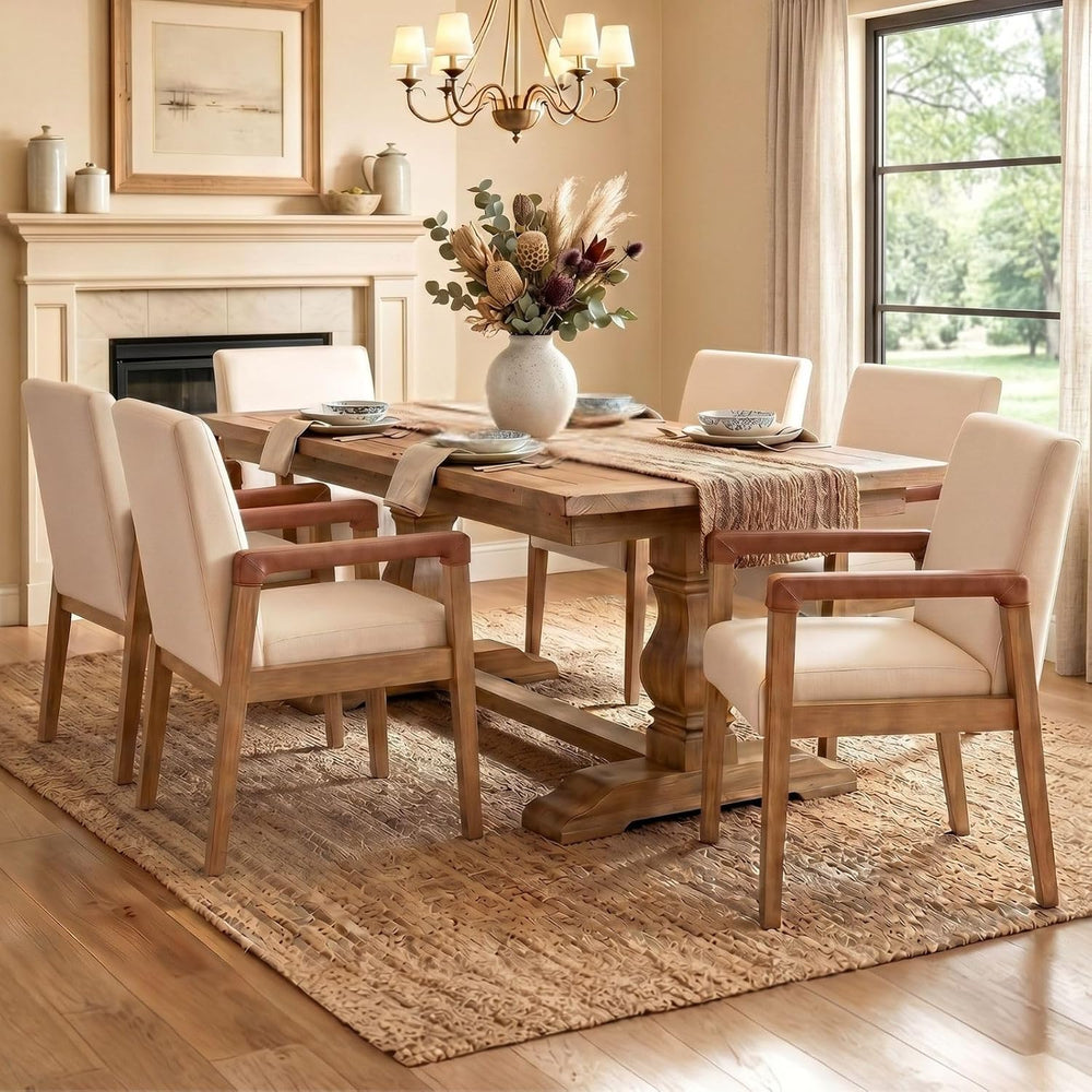 Mid Century Modern Dining Chairs Set of 6, Linen Fabric Upholstered Kitchen C...