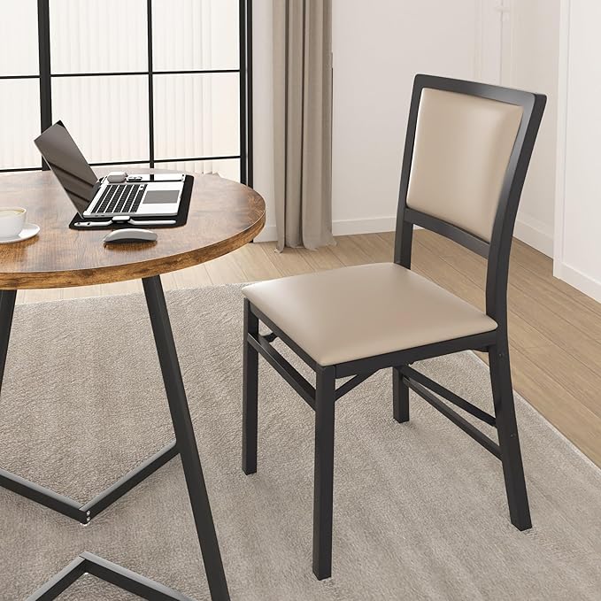 VECELO Folding Chairs Set of 4 with Cushion, Foldable Padded Seats with Heavy Duty Metal Frame for Kitchen/Dining/Living Room, No Assembly & Space Saving Design, Beige