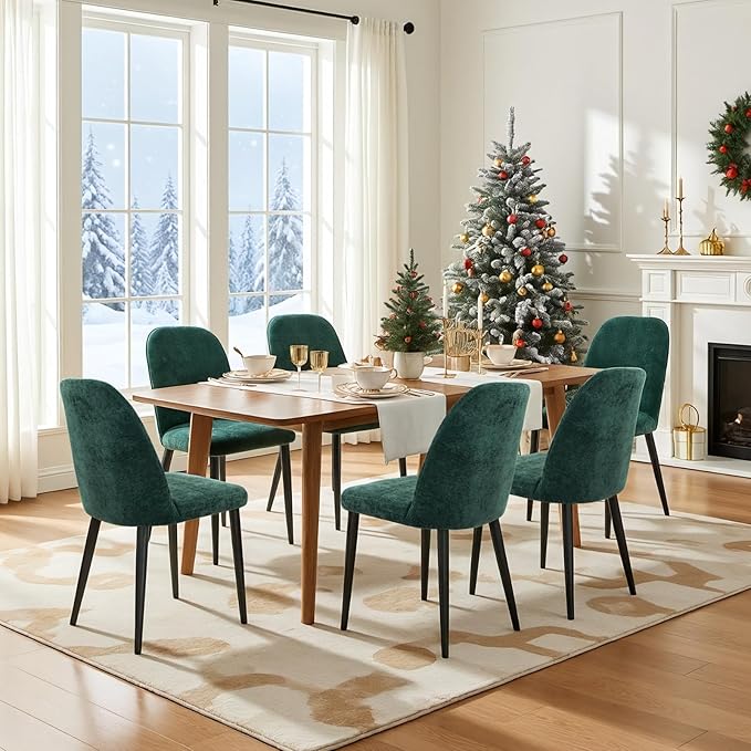 Upholstered Dining Chairs Set of 6 Modern Kitchen Chairs Chenille Fabric Dining Room Chairs High-Back Padded Dining Chairs with Metal Legs for Kitchen Dining Room Restaurant Cafe Hotel, Green