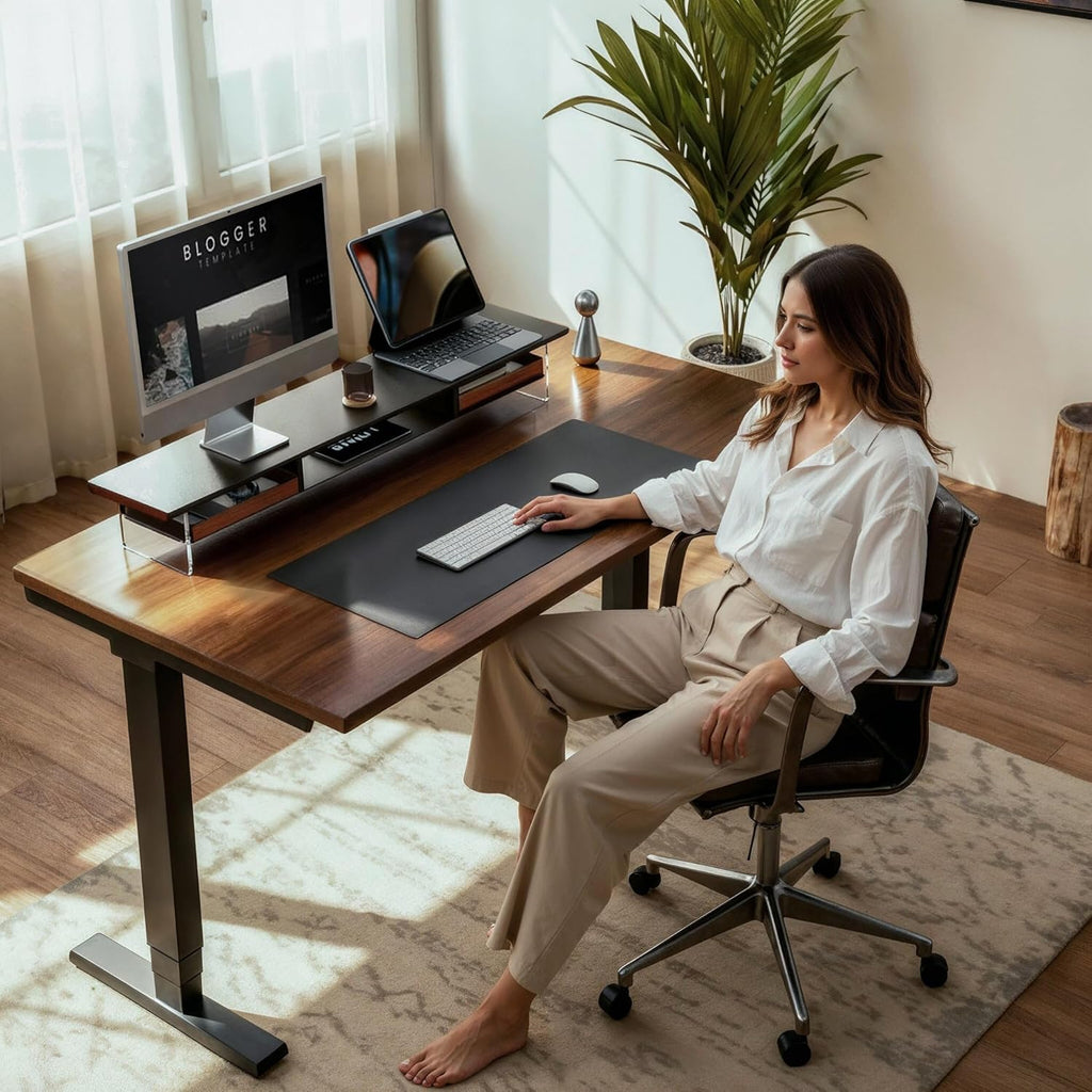 Fenge Dual Monitor Stand with Drawer, 42.5 Inch Large Monitor Riser with Acrylic Legs Supports, Computer Stand for Desk, 2 Tier Wood Desk Shelf with Storage Organizer for PC, Laptop, Printer, TV