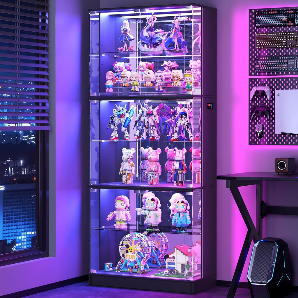 VersionTECH. Display Cabinet with Glass Doors, 6-Tier 71'' Tall Curio Cabinet with RGB Lights for Collectibles, Display Case with Adjustable Glass Shelves, Human Body Sensor, Mirror Backing, Black