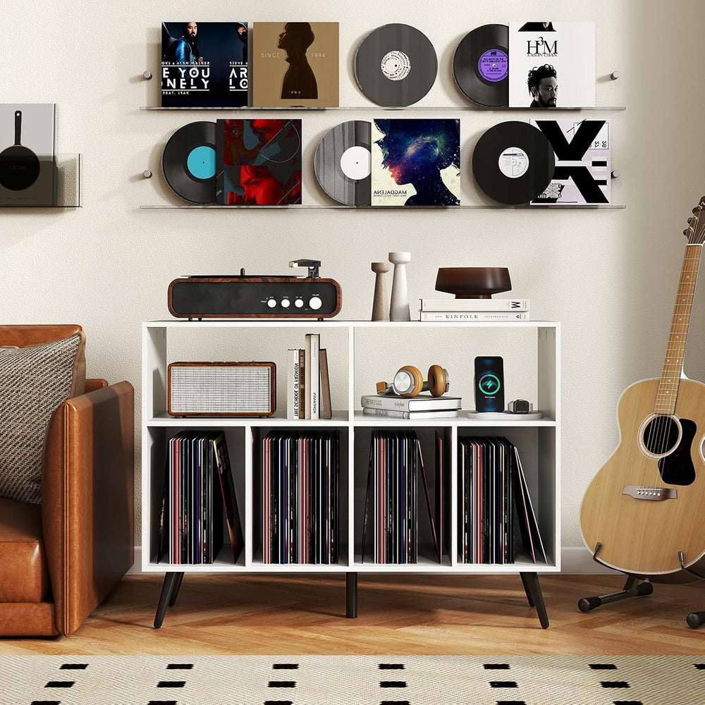 LOKO Large Record Player Stand, Vinyl Record Holder with Built-in Power Outle...