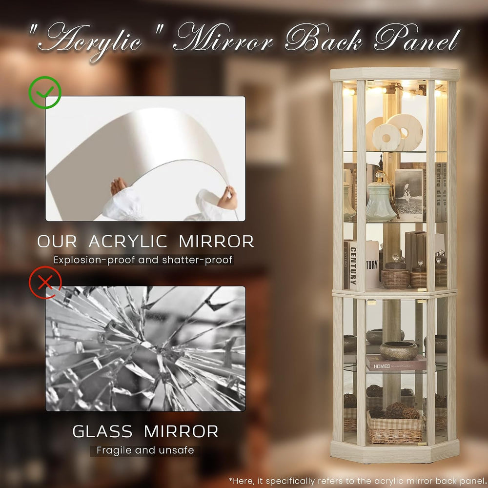 Corner Curio Cabinet, 70" H Lighted Glass Display Cage with Tempered Gla...