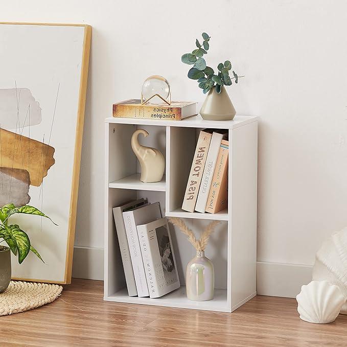 VECELO Small White Bookshelf, 3 Cube Shelf, Fits Tallest Hardcovers, Horizontal Available, Short Bookcase for Small Spaces, Pearl White