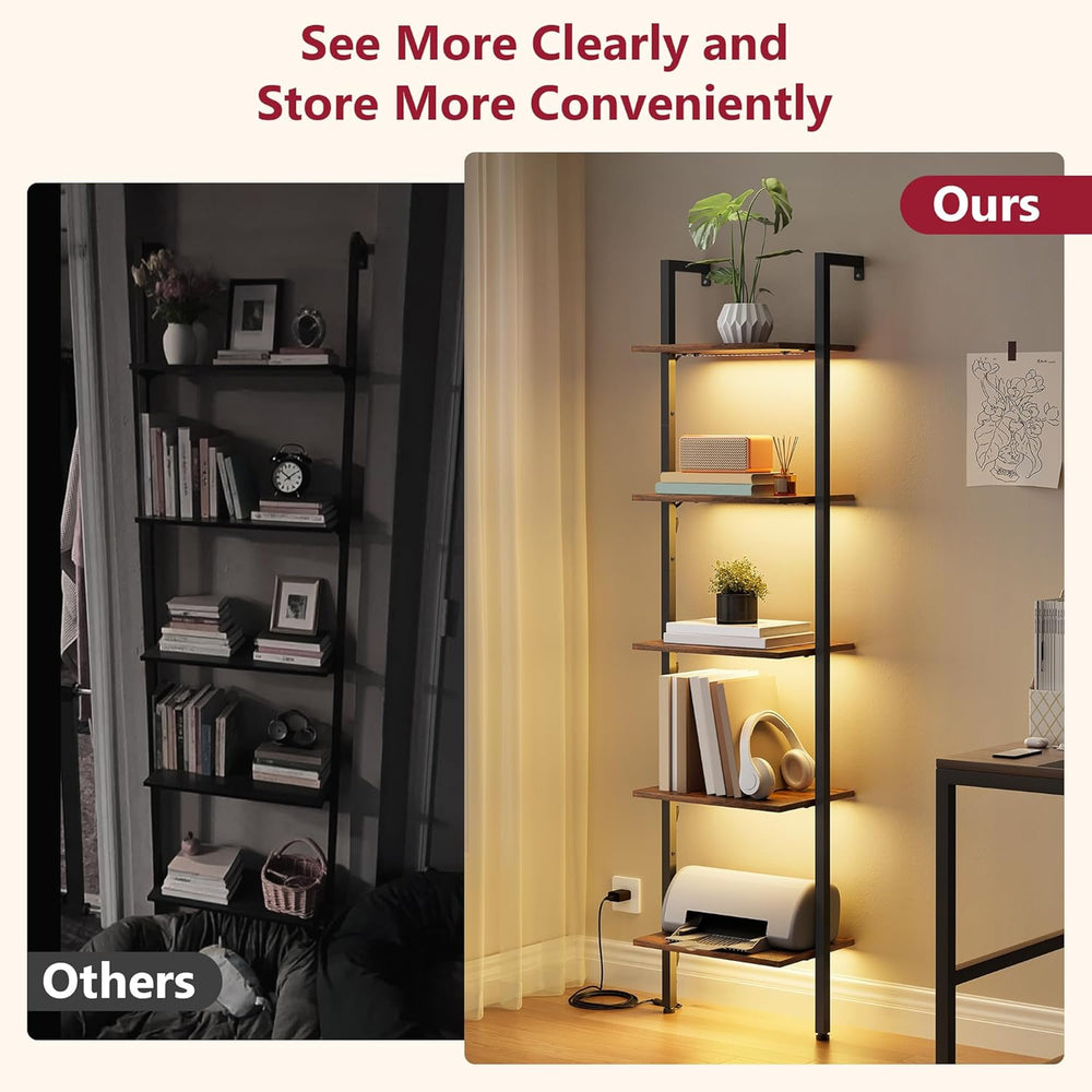 Tajsoon 5 Tier Ladder Bookshelf with Light, Wall Ladder Shelf Rustic Brown