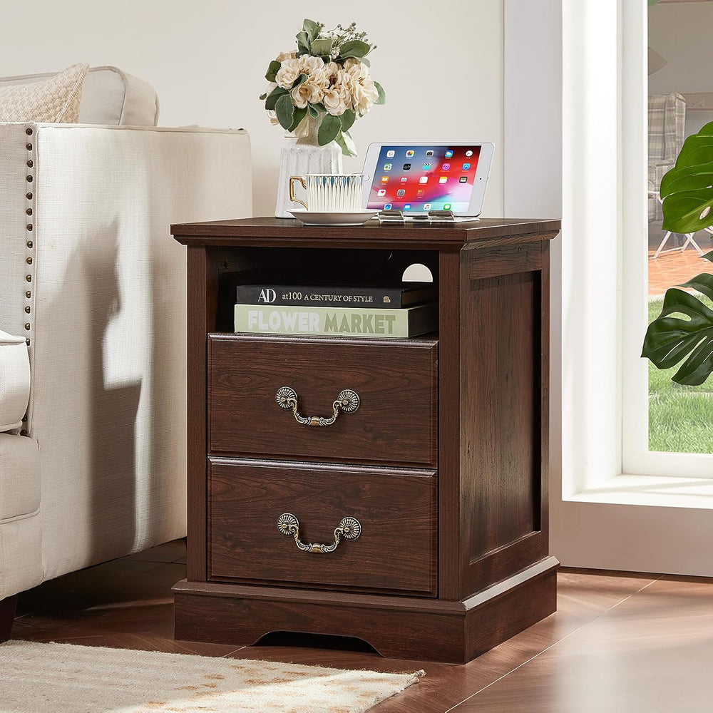 Farmhouse Night Stand with Charging Station, Walnut | 2 Drawers End Tables Be...