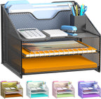 Samstar Desk File Organizer, Mesh Letter File Folder Holder with 3 Paper Trays and 2 Vertical Upright Section, for Office Supplies,Desk Accessories & Workspace,Black.