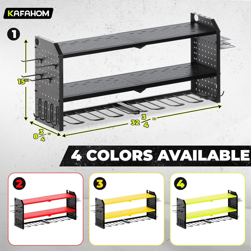 KAFAHOM Power Tool Organizer，Large 8 Drill Holder Wall Mount with 2 Side Pegboards,Metal Tool Shelf with 12 Hooks，Storage Rack for Garage Organization，Utility Cordless Drill Holder - Black