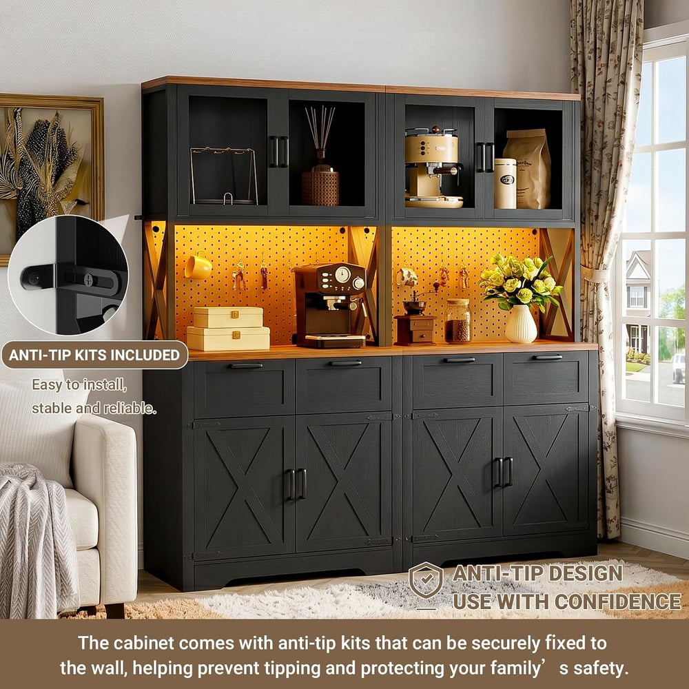 Unikito 71" Kitchen Pantry Cabinet with LED Light & Outlet, Microwav...