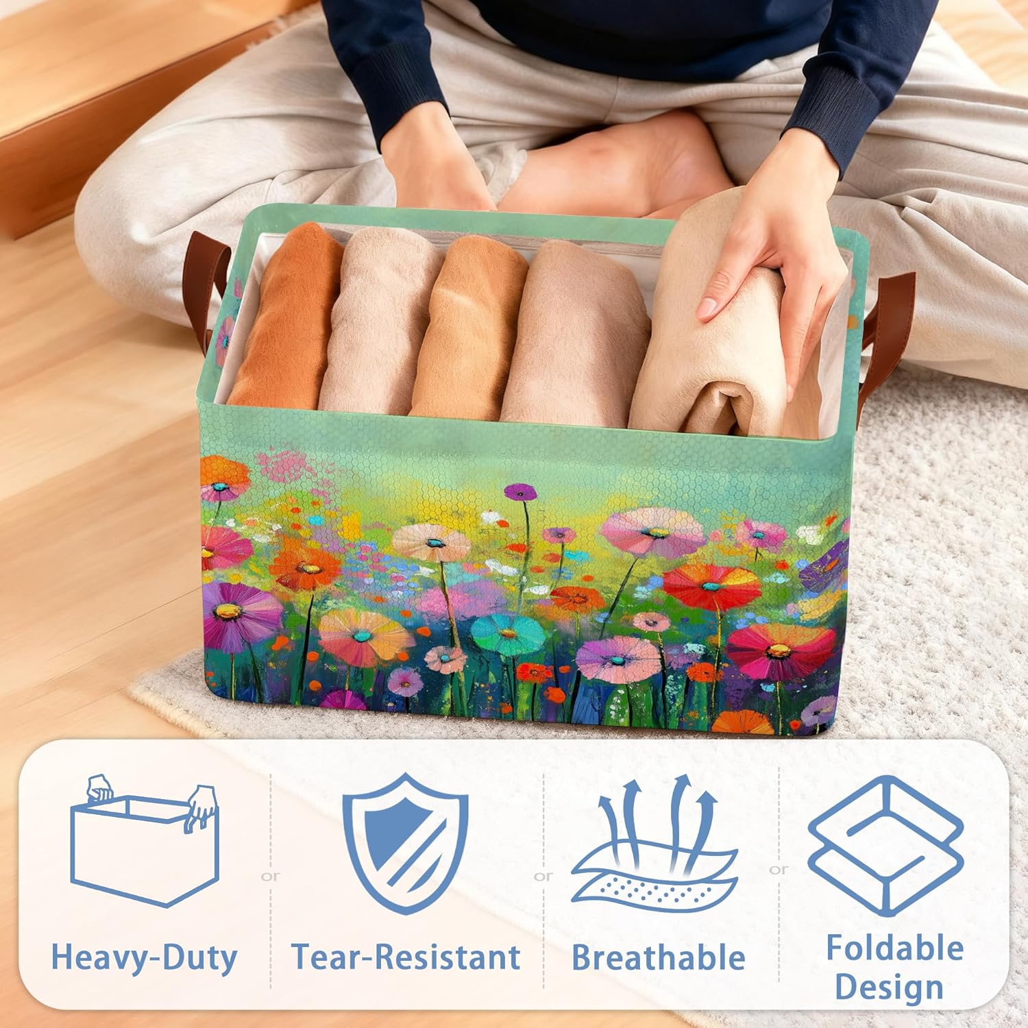 Retro Flowers Floral Storage Basket with Handles,Colorful Collapsible Rectangle Organizer Bin for Room Decoration Books Box Baskets 17x11.5x10Inch