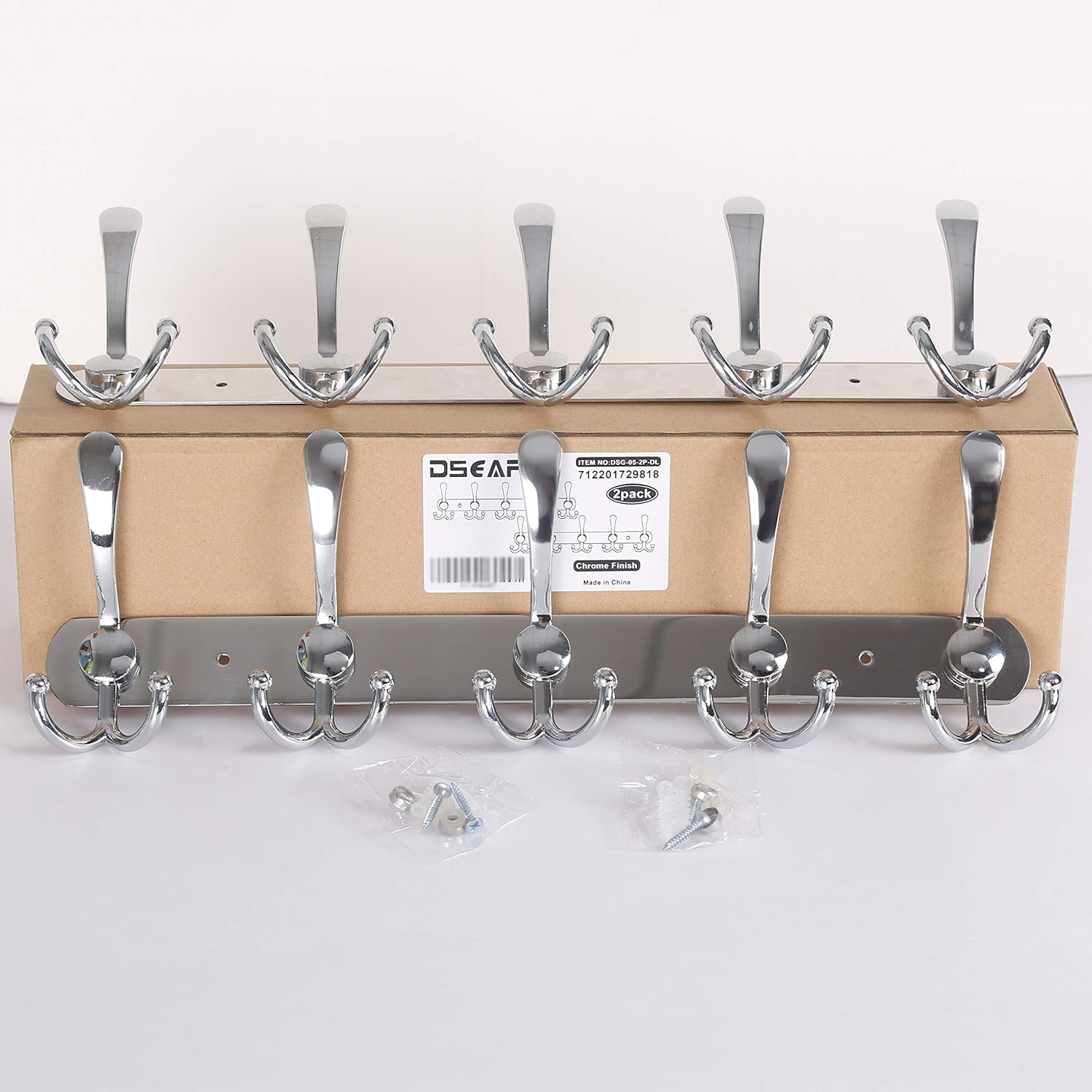 Dseap Wall Mounted Coat Rack - 5 Tri Hooks, Heavy Duty, Stainless Steel, Metal Coat Hook Rail for Coat Hat Towel Purse Robes Mudroom Bathroom Entryway (Chromed, 2 Packs)