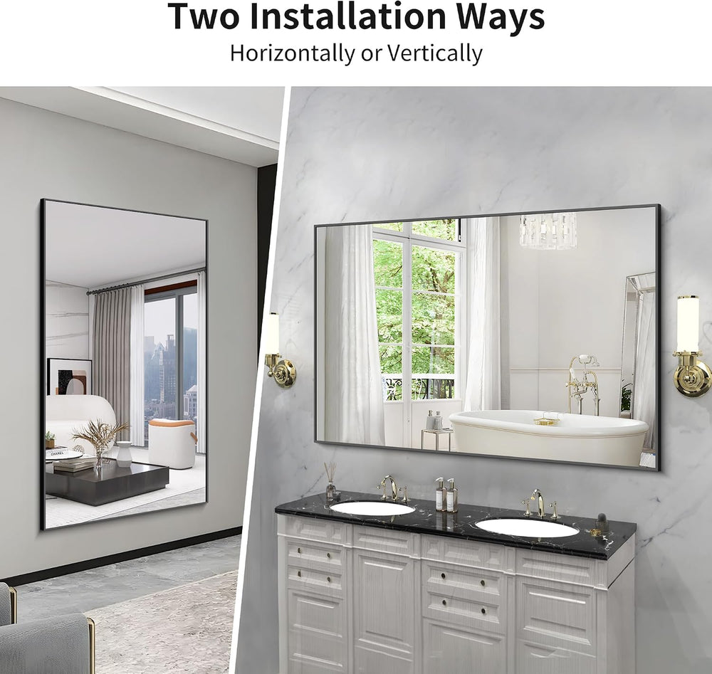 60x40 Inch Large Black Wall Mounted Mirror,Aluminum Framed Decorative Rectang...