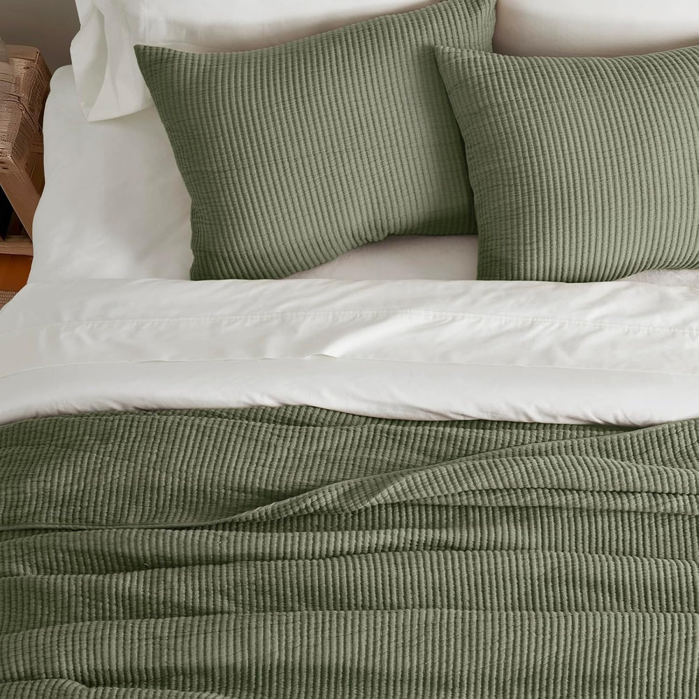 EverGrace Cotton Ribbed Matelassé Coverlet Set, King Size, Olive Green