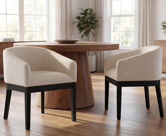 RIVOVA Beige Dining Chairs Set of 2 Mid-Century Modern Dining Chairs Linen Upholstered Kitchen Dining Room Chairs Curved Backrest Dining Chair with Black Wood Legs