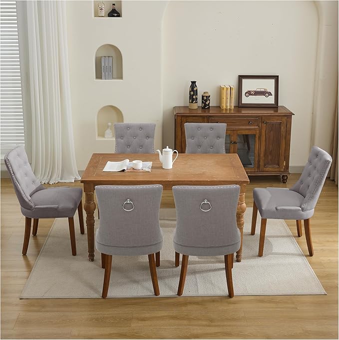 Modern Leisure Linen Dining Chairs Set of 4, Upholstered Dining Chair with Solid Wood Legs, Mid-Century Dining Room Chairs with Pull Ring and Tufted Backrest, Ight Grey