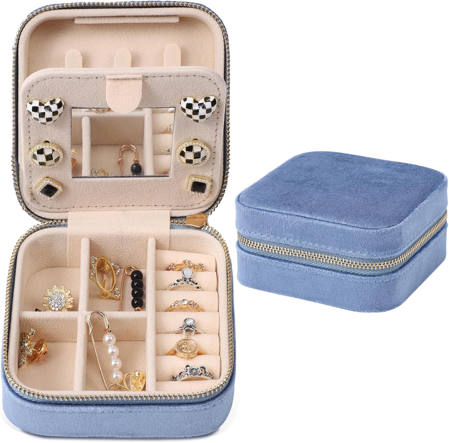 Dajasan Velvet Travel Jewelry Box, Mini Travel Jewelry Case, Small Portable Travel Jewelry Organizer Box with Mirror for Women Girls (blue), 3-layer