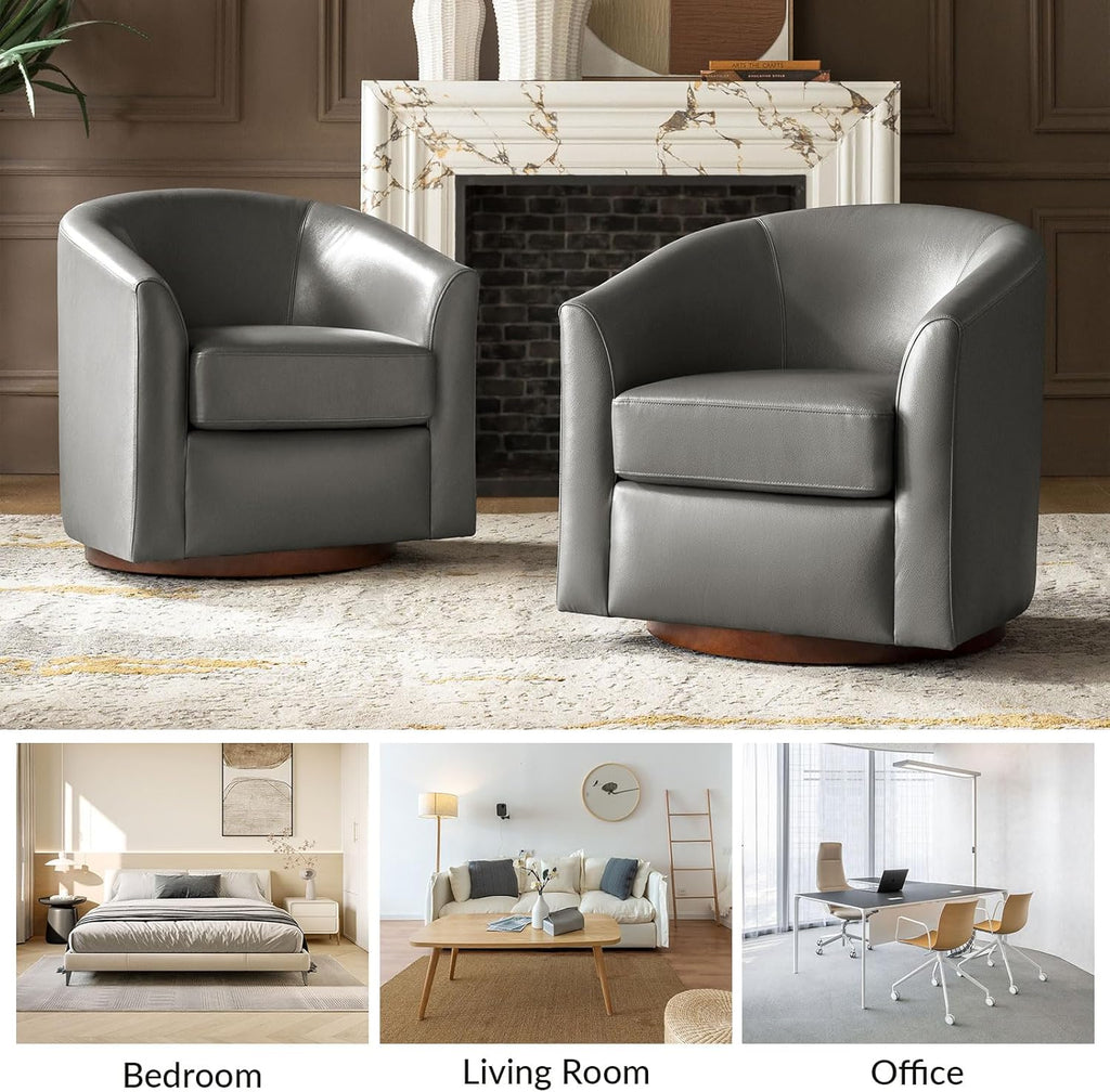 HULALA HOME Genuine Leather Swivel Barrel Chair with Solid Wood Base, Grey | Transitional Round Swivel Accent Chair with Flared Armrests, No Assembly Required, for Living Room Bedroom Reading Relaxation