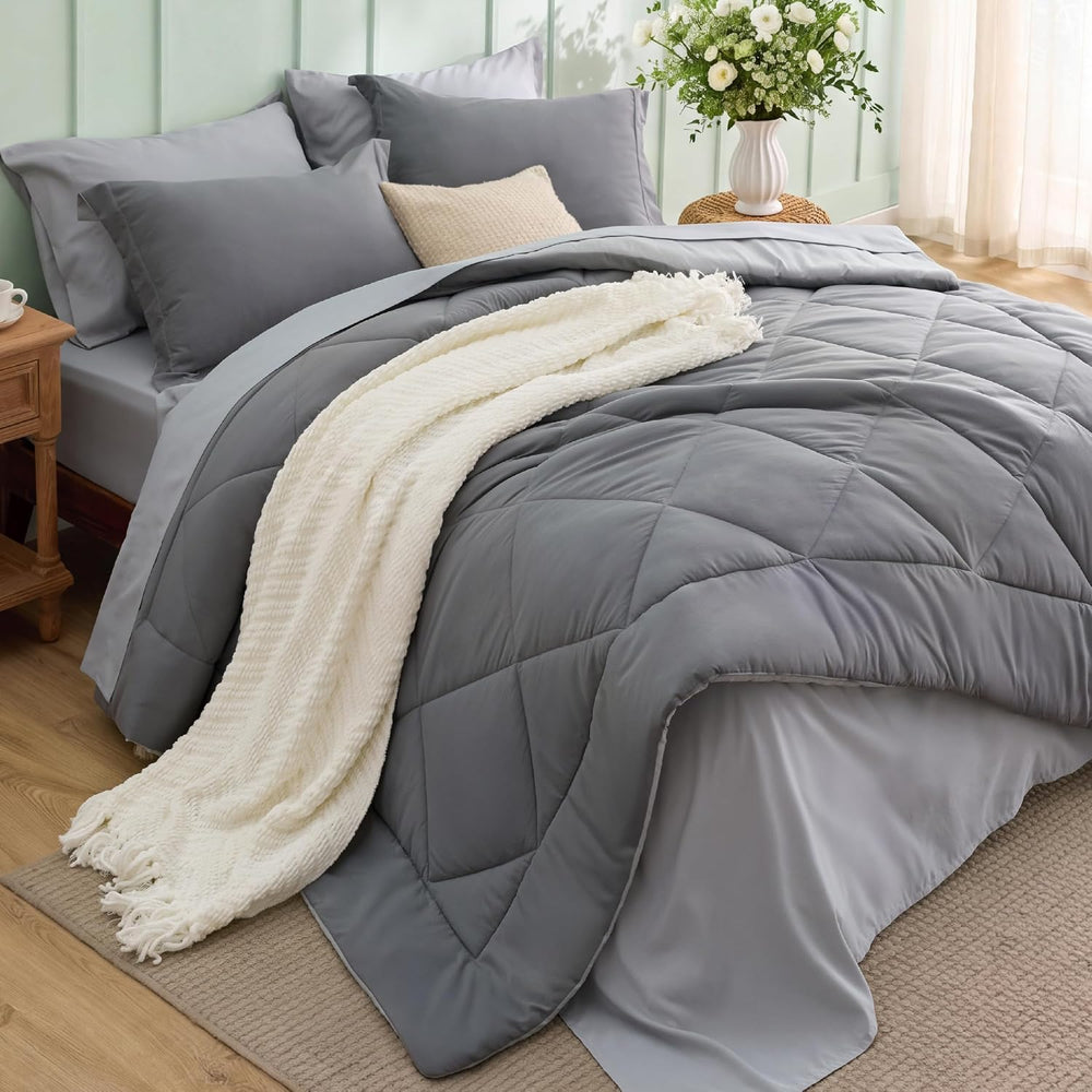 Bedsure Bed in a Bag King Reversible Bed Set 7 Pieces Grey/Light Grey