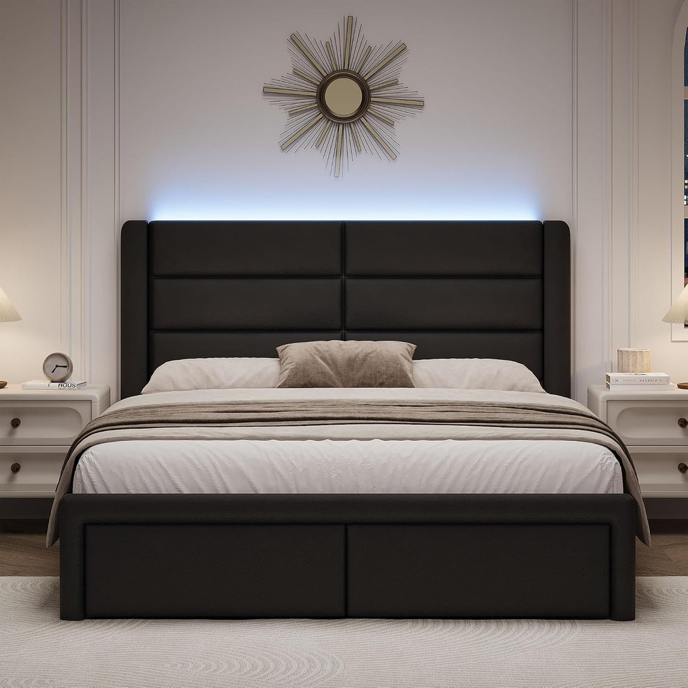 Full Size Upholstered Bed Frame with LED Lights Headboard, Modern Faux Leathe...