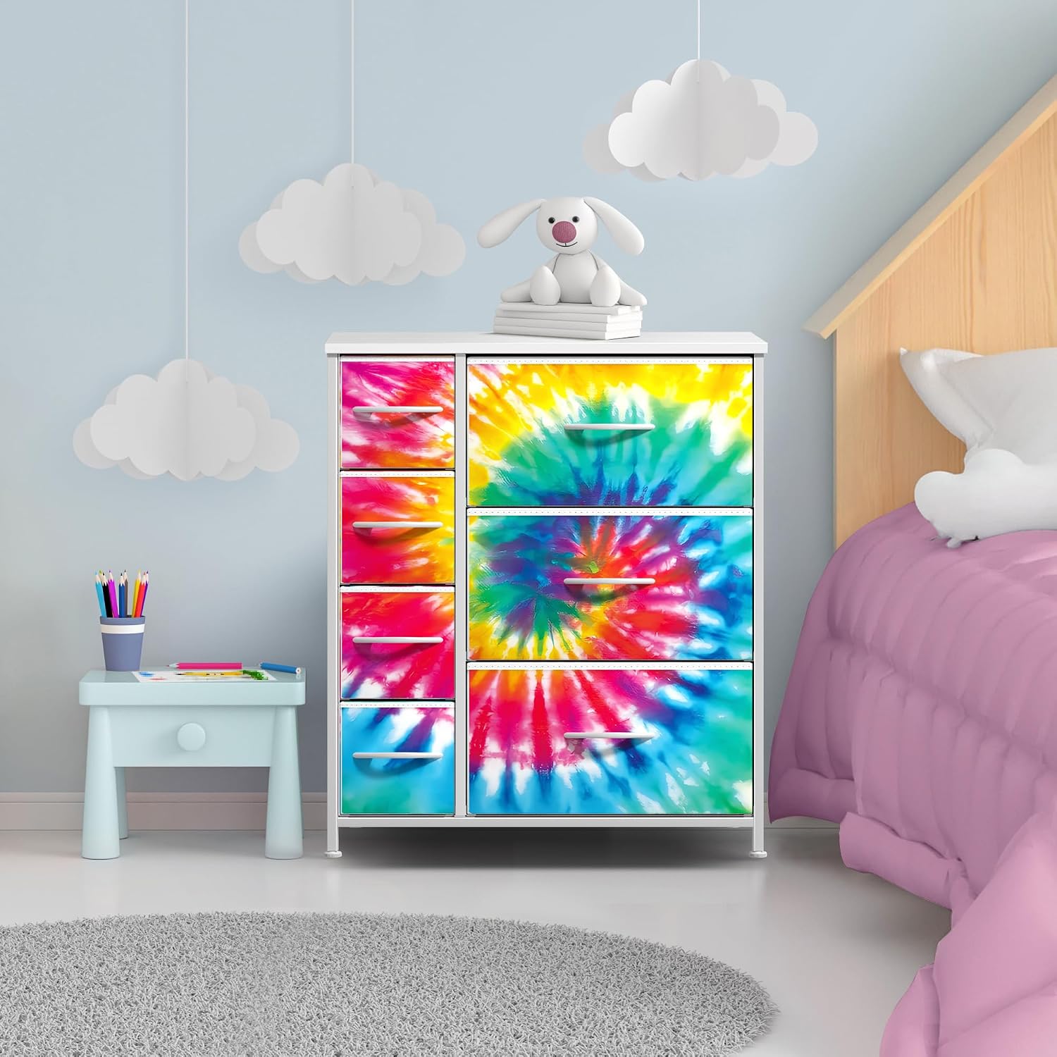 Sorbus Dresser with 7 Drawers - Furniture Storage Chest for Kid’s, Teens, Bedroom, Nursery, Playroom, Clothes, Toys - Steel Frame, Wood Top, Tie-dye Fabric Bins (7-Drawer, Tie-dye)