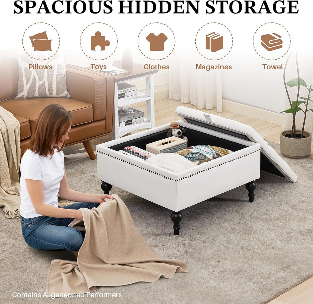 Square Ottoman Coffee Table, Large Leather Ottoman with Storage | Oversized F...
