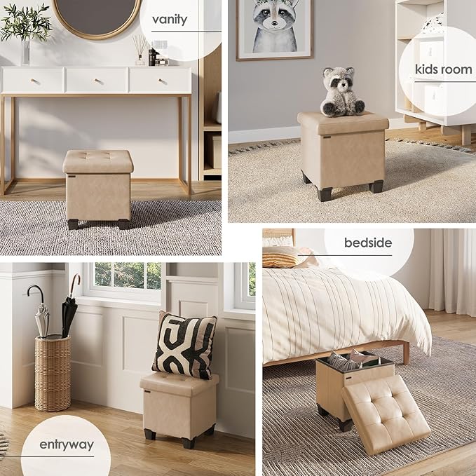 STORAGEBUD Storage Ottoman Cube with Small Bin, 16-in Square Ottoman with Storage for Living Room and Bedroom, Small Ottomans Foot Rest, Faux Leather Foot Stools Ottomans Max 330lbs, Taupe
