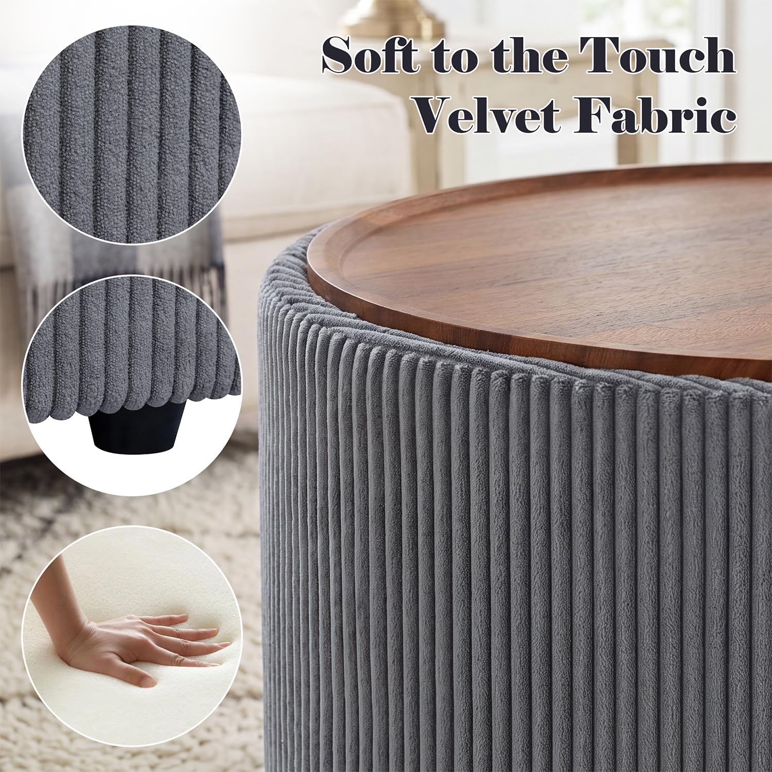 Homebeez 28” Round Storage Ottoman,Ottoman Coffee Table with Tray,Corduroy | Modern Ottomans with Storage with Anti-Slip Rubber Feet for Living Room, Bedroom, Apartment, Gray