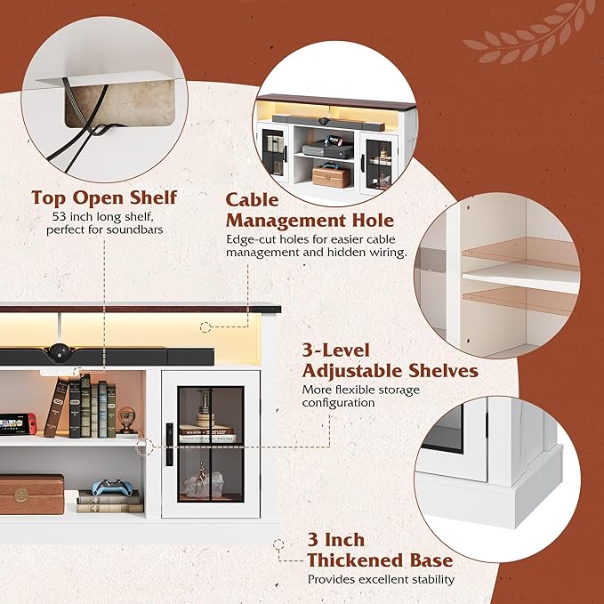 WLIVE Farmhouse TV Stand for 65 Inch TV, Tall Entertainment Center with LED Lights & Storage Cabinets, TV Media Console Table with Adjustable Shelf for Living Room, Bedroom, Home Theater, Milk White