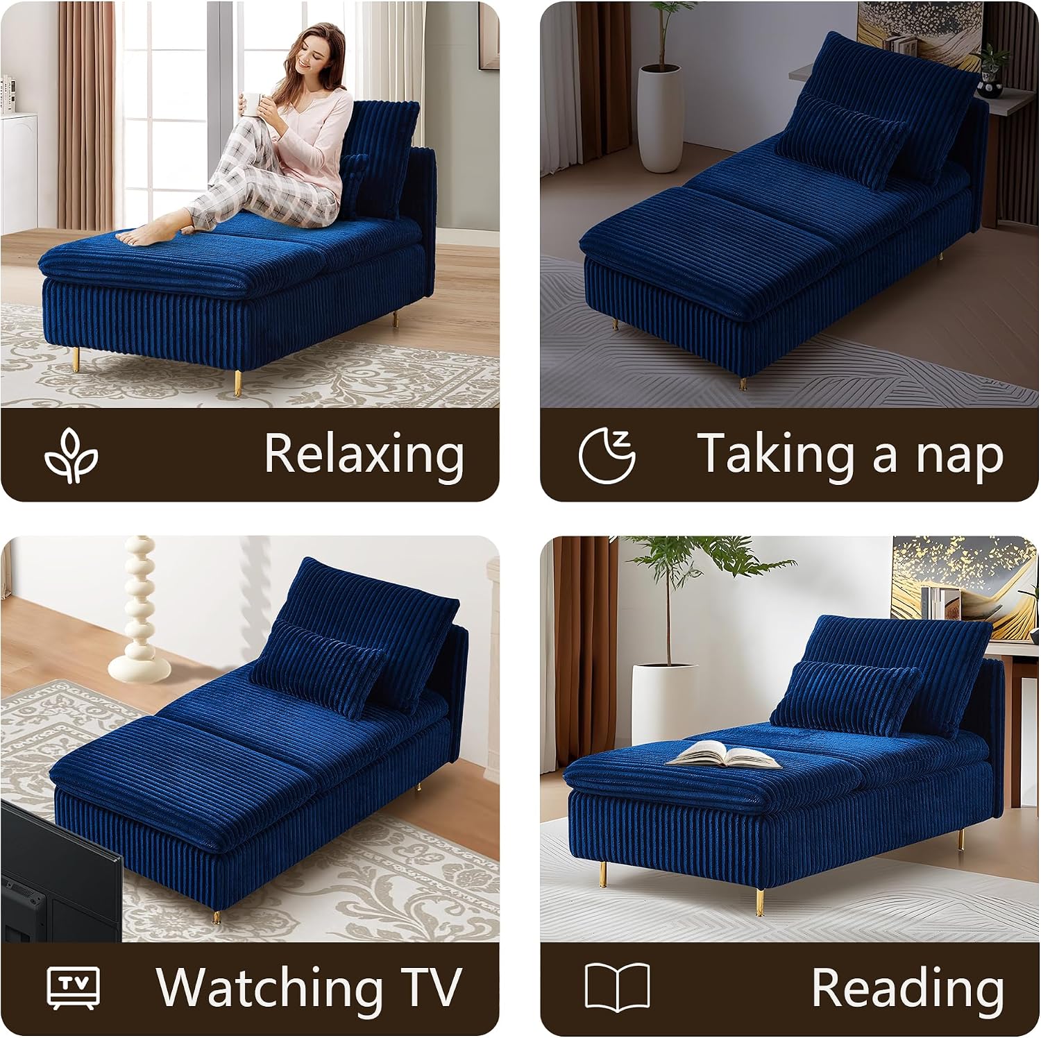 Chaise Lounge Chair Indoor 62.6" Upholstered Recliner Sofa Blue | Corduroy Modern Sofas with Support Pillow, Golden Metal Legs Sleeper Sofa for Bedroom, Living Room, Office