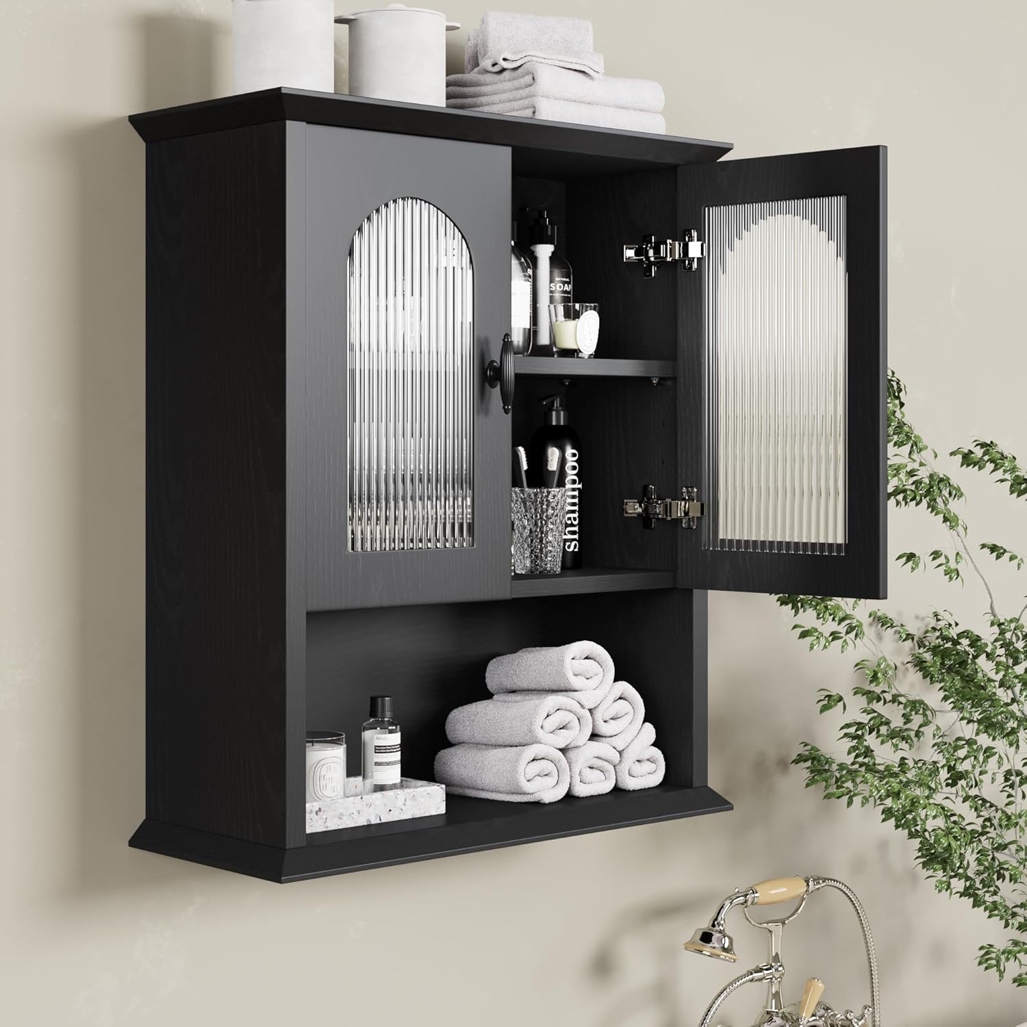 CJL Bathroom Wall Cabinet with Fluted Door, 18.9'' x 23.6'' Medicine Cabinet, Over The Toilet Storage Cabinet, Black